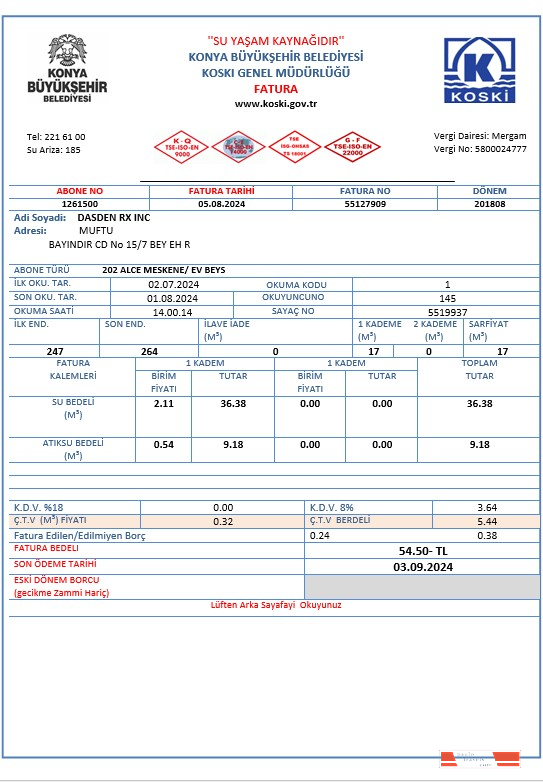 Turkey water business utility bill template in Word and PDF formats